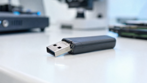 Chiavetta USB corrotta con connettore danneggiato su piano di laboratorio