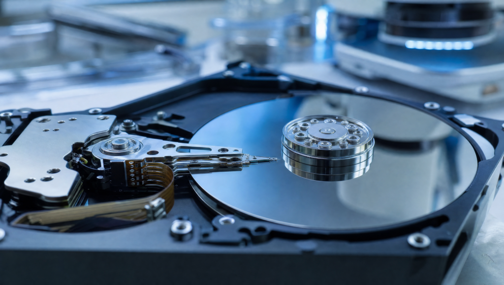 Hard disk aperto con piatti magnetici in laboratorio di recupero dati