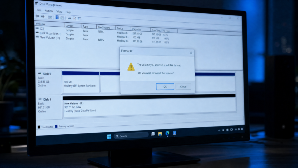 Schermata Windows Gestione Disco con partizione RAW e richiesta di formattazione