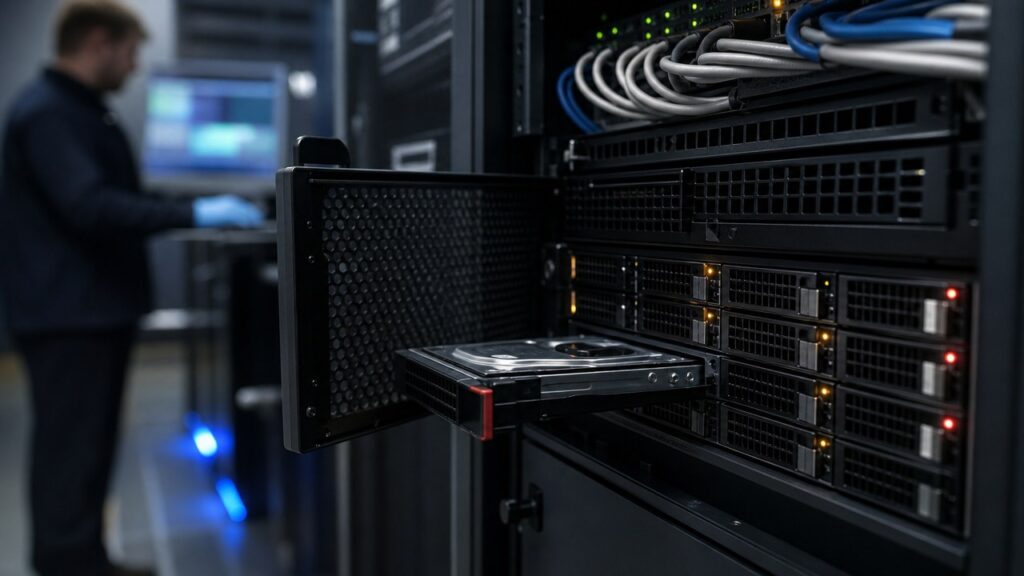 Hard disk estratto dal cassetto hot-swap di un rack server con LED di stato accesi