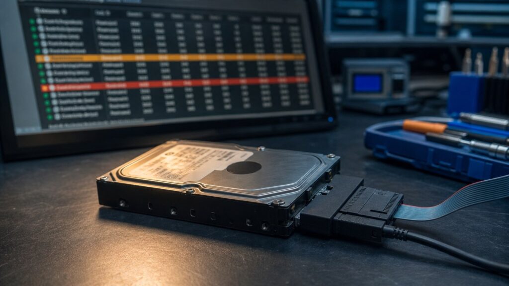 Hard disk collegato a un adattatore diagnostico, con tabella SMART ed errori evidenziati sul monitor del laboratorio
