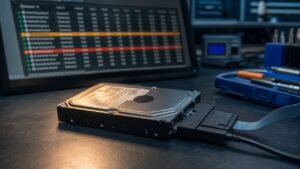 Hard disk collegato a un adattatore diagnostico, con tabella SMART ed errori evidenziati sul monitor del laboratorio