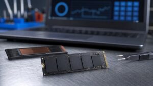 SSD M.2 NVMe con i chip di memoria NAND visibili su un banco di laboratorio, accanto al dissipatore rimosso